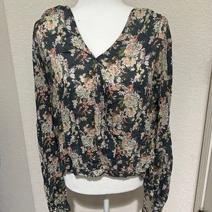 Lucky Brand blouse size XL. Blue, orange, green, beige floral colors.